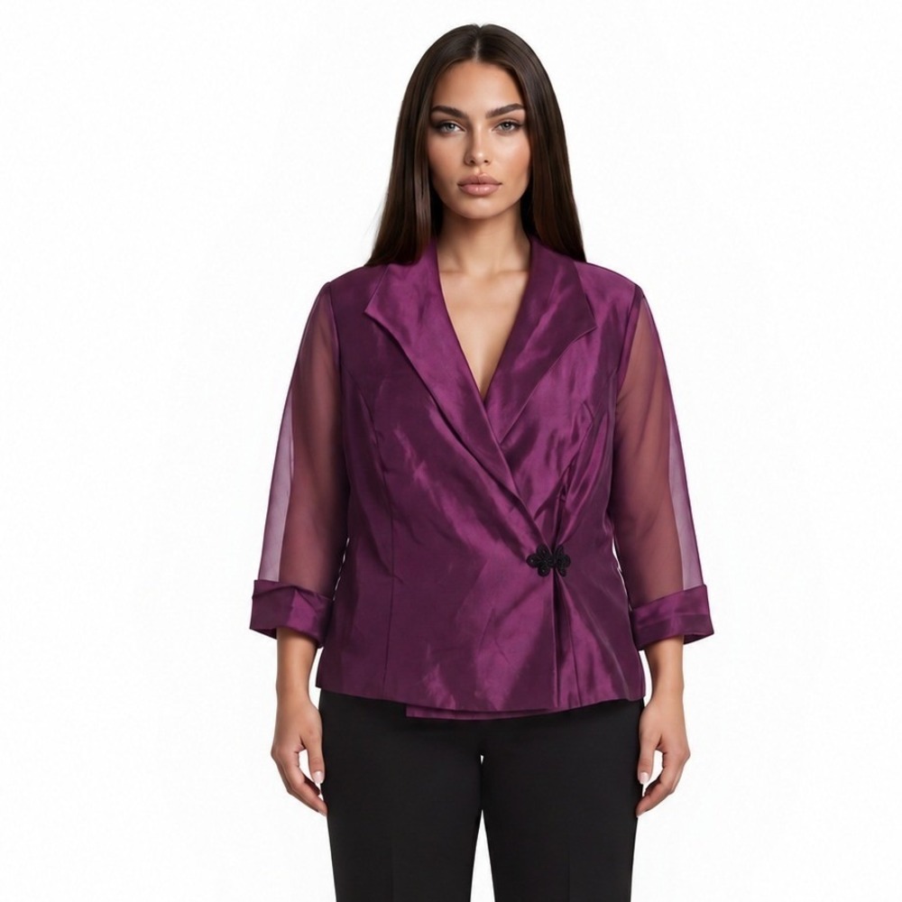 Alex Evenings Jacket Women's Size 1X Purple Shimmer Sheer Slve Frog Close Blouse